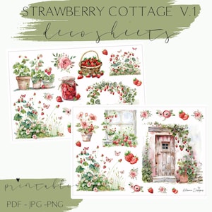 Strawberry Cottage V1 printable stickers, strawberry deco stickers, printable strawberry cottage stickers, planner deco, journal deco