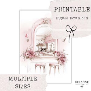 Può includere: Stampa ad acquerello di una scena di caffè rosa con composizioni floreali e due sgabelli rosa. L'immagine include il testo "PRINTABLE Digital Download" e "MULTIPLE SIZES". Il nome dell'artista, "KELANNE DESIGNS", è visibile.