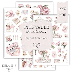 May include: Printable stickers with watercolour illustrations of peonies, macarons, teacups, and other decorative elements. The design includes the text "Printable Stickers Digital Download" and the file formats PNG and PDF. The stickers are in shades of pink and white.