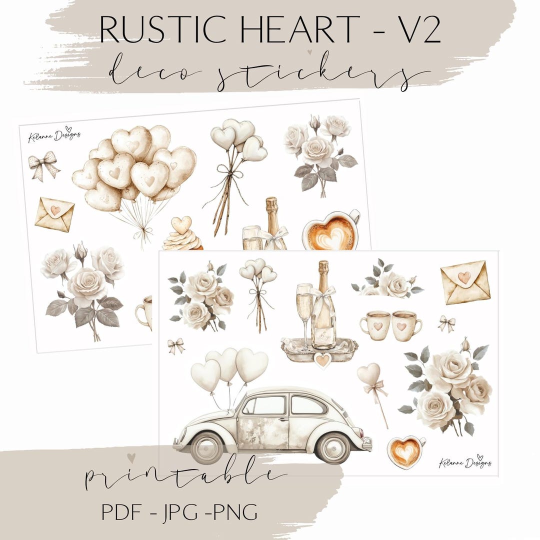Sticker Drawings Rustic Rustic heart V2 printable planner stickers, rustic valentine printable ...