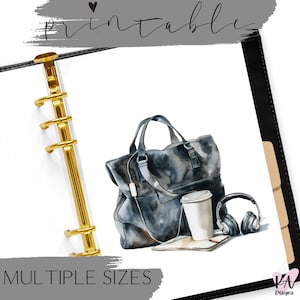 Puede incluir: Una página de planificador imprimible con una ilustración de acuarela de un bolso de mano de cuero negro, una taza de café y auriculares. El texto "MULTIPLE SIZES" está en la parte inferior de la página.