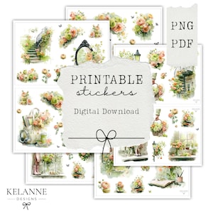 Może przedstawiać: Zestaw naklejek do druku z akwarelowymi ilustracjami kwiatów, schodów i scen ogrodowych. Naklejki są w formatach PNG i PDF, z tekstem "PRINTABLE stickers Digital Download". Projekt zawiera logo z napisem "KELANNE DESIGNS".