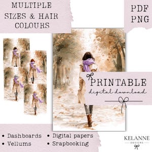May include: A digital download featuring a watercolour illustration of a person walking away down a path lined with autumn trees. The person wears a tan trench coat, blue jeans, and a purple scarf. Text includes MULTIPLE SIZES & HAIR COLOURS, PDF PNG, PRINTABLE digital download, and KELANNE DESIGNS.