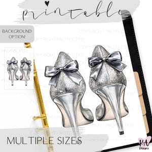 May include: Illustration of two silver high heels with glitter detailing and a bow on the back. The image includes the text "printable" and "multiple sizes". The heels are set against a white background.