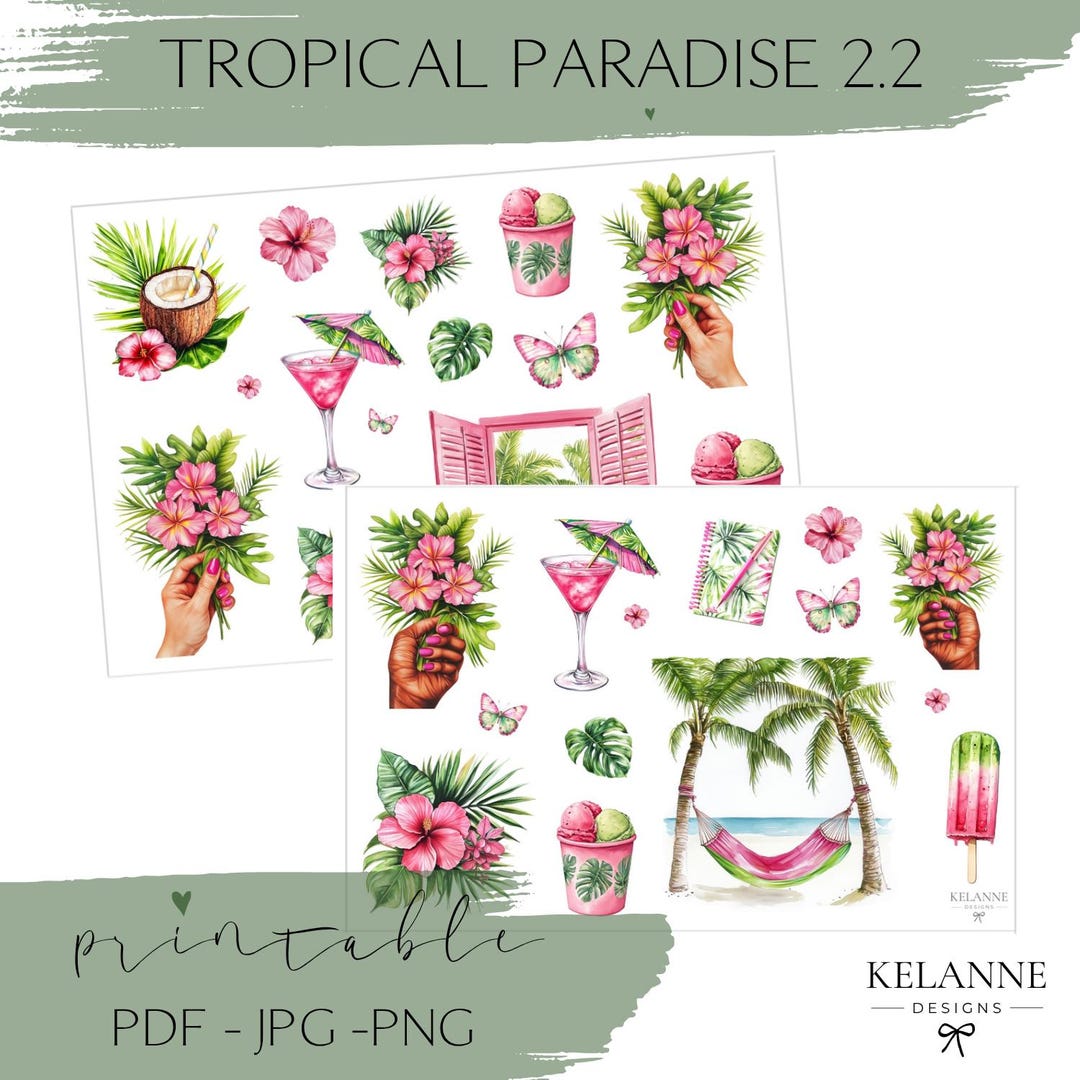 Tropical Paradise 2.2 Printable Stickers, Tropical Beach Scene Stickers ...