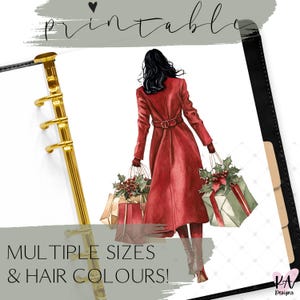 Puede incluir: Impresión digital de una mujer con abrigo rojo, llevando bolsas de la compra decoradas con acebo y bayas. La imagen incluye el texto "Printable" y "MULTIPLE SIZES & HAIR COLOURS!". Se ve una carpeta dorada a la izquierda.
