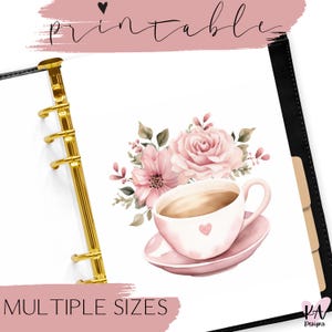 Tasse à thé coeur amour et tableau de bord organisateur de fleurs, tableau de bord imprimable tasse à thé floral, tableau de bord floral imprimable, tableau de bord floral rose