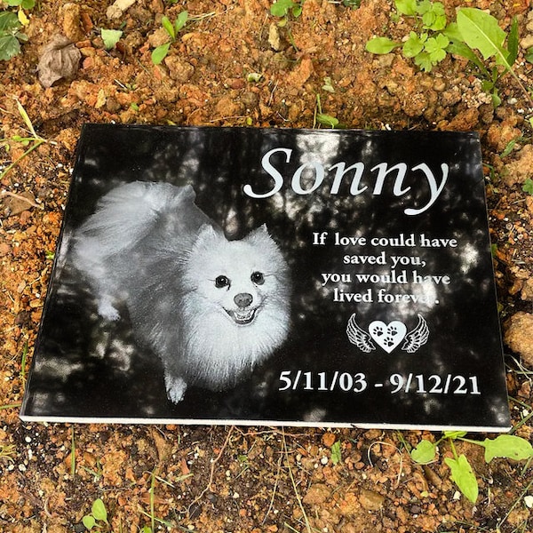 Beautiful 8x6 Pet grave decoration engraved with the picture of your fur friend, dog, cat, bunny, ferret, bird, horse, pig, snake, chicken