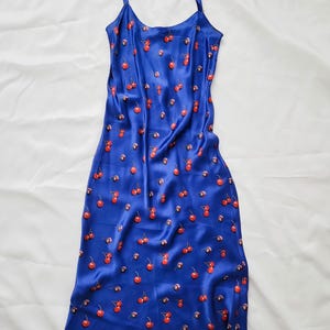 Summer Handmade Adjustable Blue and Cheries Organic Silk Slip Dress perfect Gift Real Silk SIZE S Spring / Winter pure organic satin easy