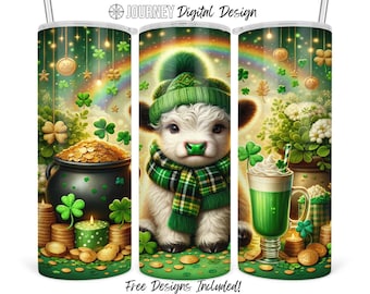 St. Patrick's Day highland cow sublimation design, highland cow tumbler wrap, St Patrick's Day tumbler png, tumbler design, 20oz tumbler png