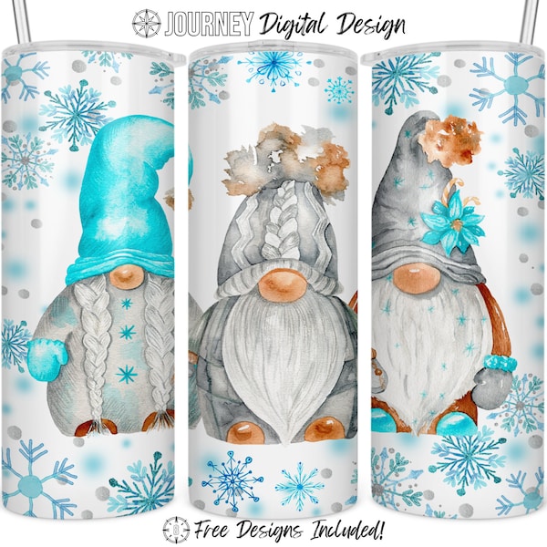 Winter gnome tumbler design, Snow, cold, Holiday, glitter, blue, teal, snowflakes , sublimation design, 20 oz skinny straight tumbler design