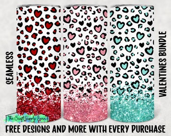 Valentines heart leopard glitter tumbler designs, bundle of 3 sublimation designs for 20 oz sublimation tumbler, valentines png, wraps