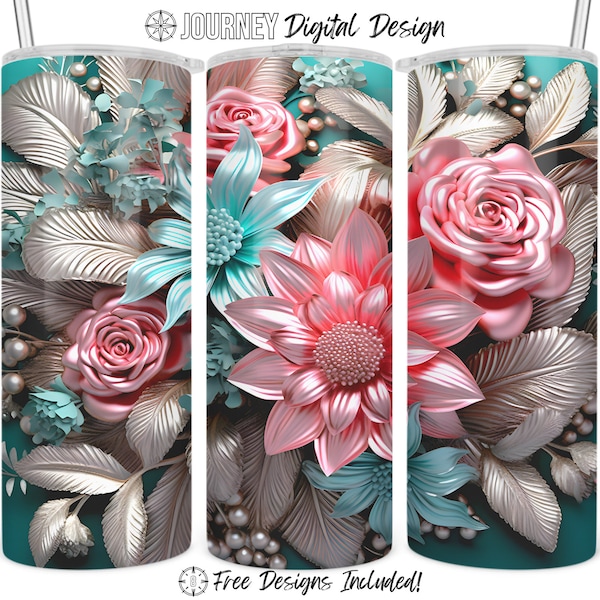 3D silver flower tumbler design, 3D pink silver sublimation design, 3D flower wrap, metallic 20 oz sublimation tumbler wrap digital download