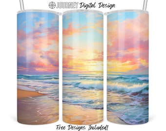 Watercolor beach tumbler design, beach tumbler png, beach tumbler wrap, beach sunset 20 oz sublimation tumbler wrap digital download png