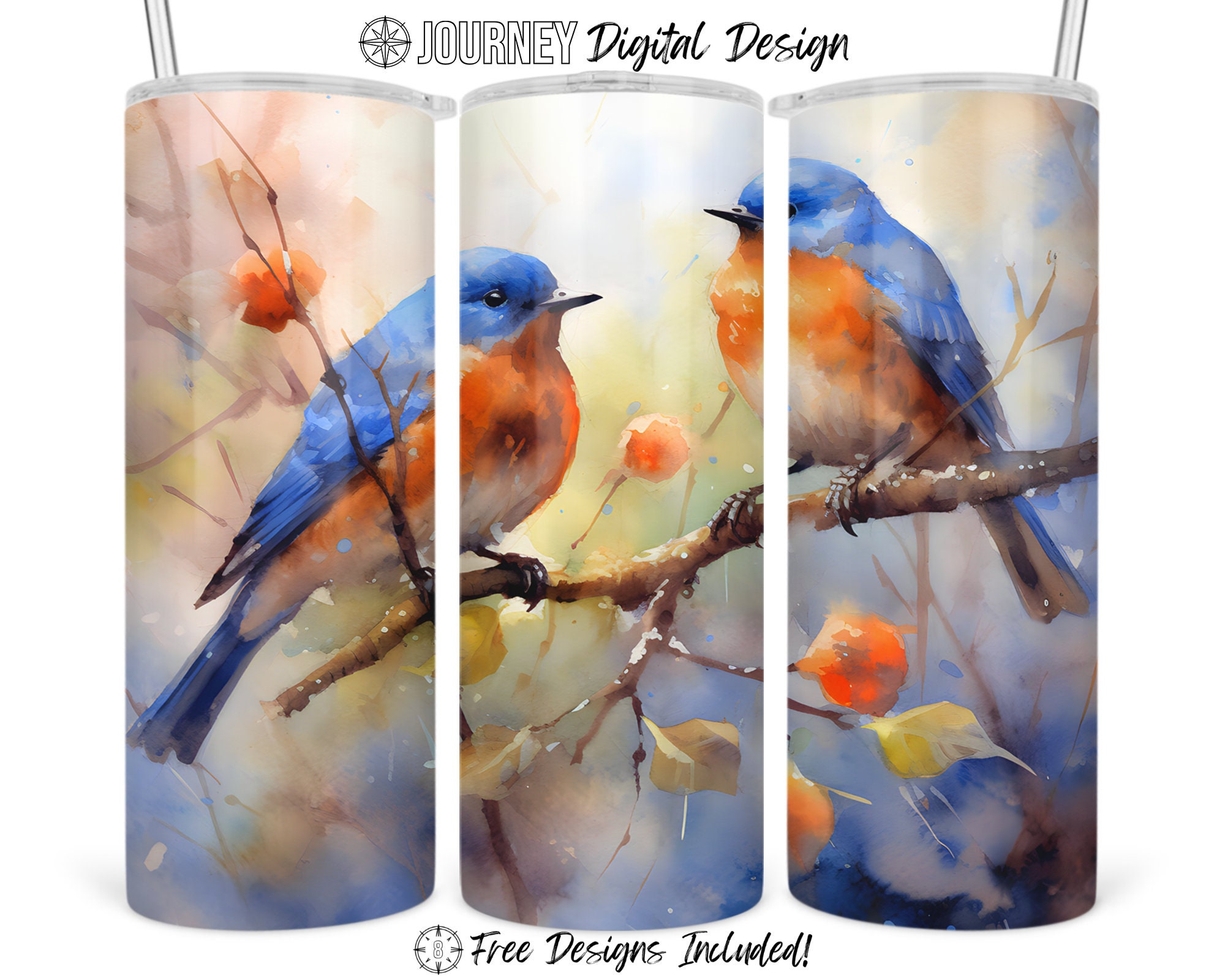 8 Watercolor Note Cards With Envelopes, Featuring a Watercolor Painting of  a Pair of Eastern Bluebirds by Laura Poss, Blank Inside 