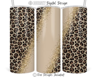 Leopard seamless tumbler design, gold, tan, glitter, leopard, seamless, png, tumbler wrap, 20 oz skinny straight tumbler design, template