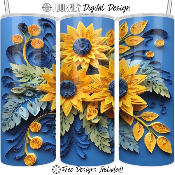 3D sunflower tumbler design, 3D sublimation design, 3D wrap png, 3D tumbler wrap, sunflower 20 oz sublimation tumbler wrap digital download