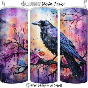 Floral raven tumbler design, halloween raven wrap, raven sublimation wrap, floral raven png, 20 oz sublimation tumbler digital download png