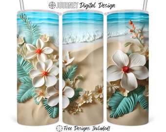 3D flowers beach tumbler design, 3D sublimation design, 3D wrap png, 3D tumbler wrap, beach 20 oz sublimation tumbler wrap digital download