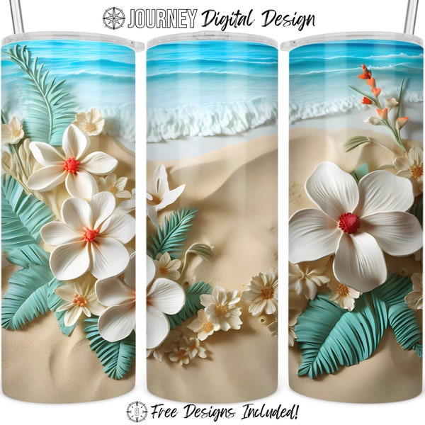 Conception de gobelet de plage de fleurs 3D, conception de sublimation 3D, enveloppe 3D png, enveloppe de gobelet 3D, téléchargement numérique d'enveloppe de gobelet de sublimation de plage 20 oz