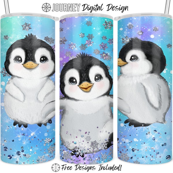 Penguin tumbler design, winter, Snow, cold, glitter, blue, snowflakes , sublimation design, seamless, 20 oz skinny straight tumbler wrap