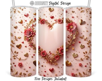 Romantic floral heart tumbler wrap, valentine's day tumbler png, floral valentine's day tumbler design, heart flowers tumbler wrap download