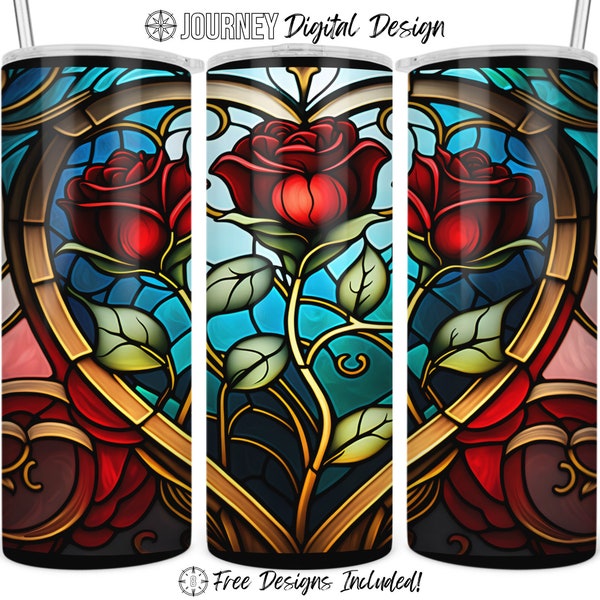Stained glass rose tumbler design, stained glass heart, Valentine’s Day wrap, stained glass png, 20 oz sublimation tumbler, wrap, digital