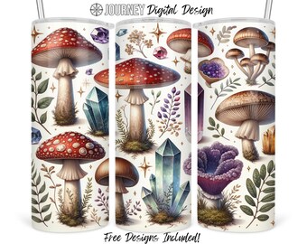 Mushroom tumbler wrap, crystal tumbler png, boho crystals tumbler design, witchy sublimation design, 20oz tumbler png, instant download