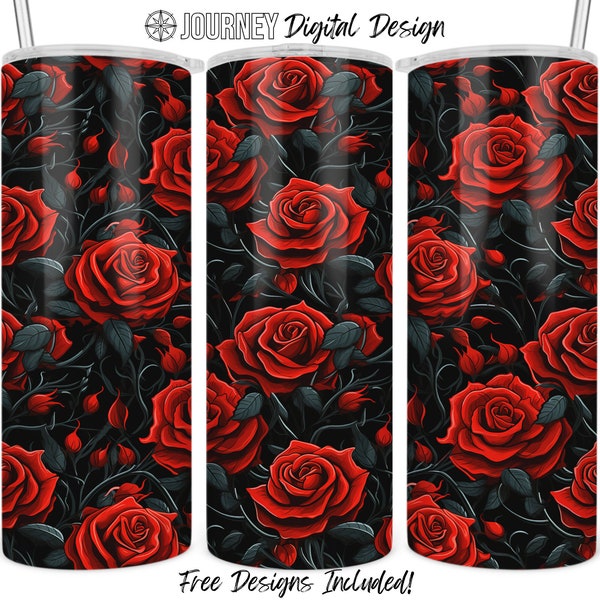 Red rose tumbler design, Red rose tumbler wrap, red rose tumbler png, red rose 20 oz sublimation tumbler design digital download red black