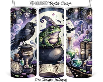 Halloween witch sublimation design, witch tumbler wrap, frog tumbler png, raven tumbler design, magic 20oz tumbler, instant download png