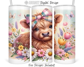 Spring highland cow sublimation design, floral highland cow tumbler wrap, spring flowers tumbler png, cow tumbler design, 20oz tumbler png