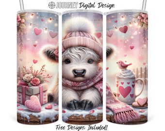 Highland cow sublimation design, Valentine's day tumbler wrap, valentine's day highland cow tumbler png, tumbler design, 20oz tumbler png