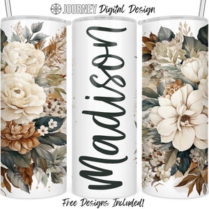 Neutral boho Floral tumbler wrap, floral tumbler design, floral name tumbler png, seamless 20 oz sublimation tumbler wrap digital png name