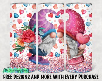 Valentine gnome tumbler design, Valentine gnomes, Valentine’s Day, hearts, glitter, sublimation design, 20 oz skinny straight tumbler design