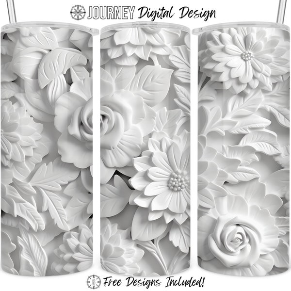 3D White Flowers tumbler design, 3D white flowers sublimation design, 3D flowers, 3D Flower 20 oz sublimation tumbler wrap digital download