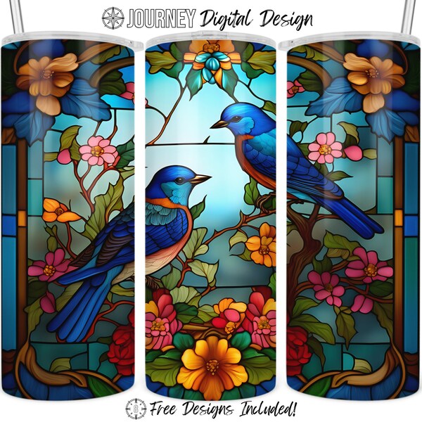 Stained glass bluebirds tumbler design, bluebird wrap, stained glass png, 20 oz sublimation tumbler, tumbler wrap, digital download instant