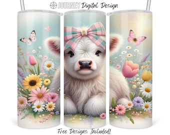 Spring highland cow sublimation design, highland cow tumbler wrap, spring flowers tumbler png, highland cow tumbler design, 20oz tumbler png