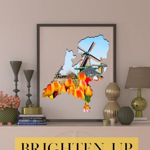 | d’impression florale murale Carte des Pays-Bas | | photo du moulin à vent dutch tulip Décoration lumineuse | | d’autocollants de fleurs Paysage de la Hollande