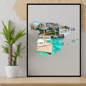 Spain Wall Art Map Print / Decoración del hogar español / Arte de baño azul brillante / Póster de playa costera / Pegatina