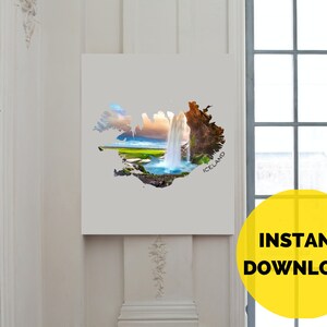 Mapa de arte de parede da Islândia | Tela de download digital para impressão | Decoração de casa com design escandinavo | Presente de aquecimento de casa em cascata | Adesivo