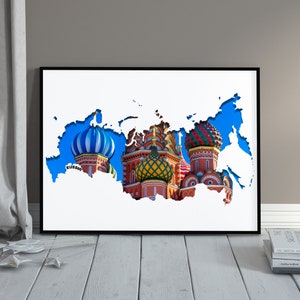 Russland Wandkarte | Druckbares russisches Design Wohndekoration | Digitaler Download Print | Leinwand Karte Moskau Architektur Druck | Aufkleber