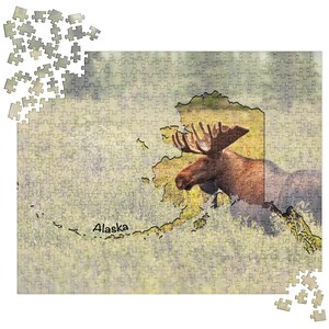 Presente do amante do quebra-cabeça | Esboço do mapa do Alasca vibrante e de alta qualidade | Alce Paisagem Foto | Presentes exclusivos para viajantes | Presente de aposentadoria