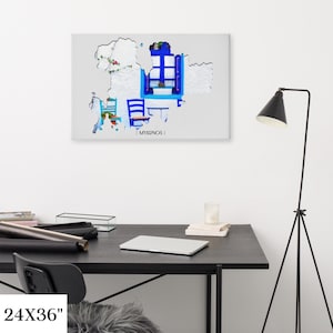 Mykonos Leinwanddruck | Griechische Insel Cafe Wanddekoration | Lebendige, hochwertige, auffällige Landkarte | Einzigartige bunte Geschenke für Reisende