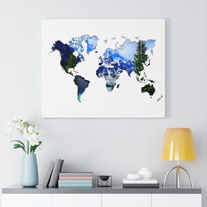 Vibrante mapa del mundo Impresión de lienzo estirado / Decoración horizontal de la pared del paisaje / Fotografía de mapa de la tierra de alta calidad / Decoración natural llamativa