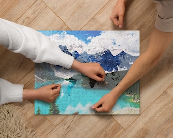 World Map Jigsaw Puzzle | Mountain Themed Present | Vibrant, High Quality Banff Canada Map Puzzle | Unique Gifts for Travelers