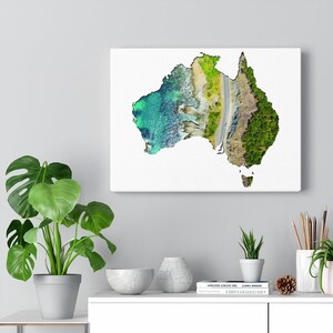 Australien Karte Leinwanddruck | Australische Landschaft Wanddekoration | Warmer Sandstrand Fotografie | Natürliche Flora Tropischer Ozean Print