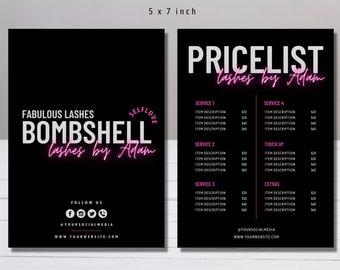 ADAM DIY Black Price List Templates, Editable, Printable, Instant, Pink Neon, Lash Brow Hair Nail Makeup Beauty Salon, Catalog Menu Business