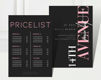 ROXY DIY Price List Templates, Printable, Editable, Instant, Pink, Beauty Salon Hair Nail Makeup Lash Brow, Menu Catalog Restaurant Design