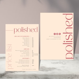 Modelos pré-fabricados de lista de preços de salão de beleza DIY, editáveis para impressão, manicure de unhas de beleza, design de preços, menu minimalista concluído, Canva