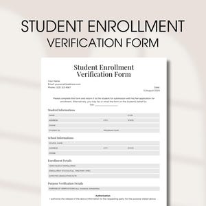 Plantilla de formulario de verificación de matrícula de estudiantes, formulario de comprobante de matrícula, formulario editable de confirmación de la escuela, verificación del propósito del estudiante